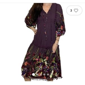 Jaase Purple Floral Print Indian Midi Dress pullover women's xs purple New boho